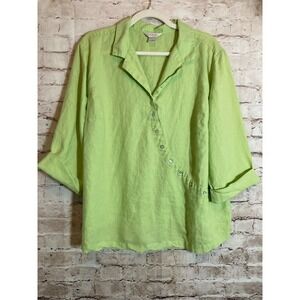 CJ Banks Linen Top Womens 1X Lime Green Artsy Buttons Lagenlook Lightweight